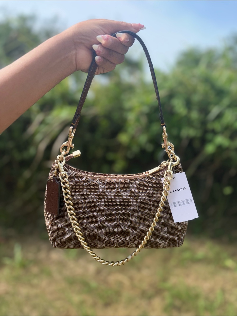 Coach Brown Monogram Shoulder Bag rhinestone & Gold Chain